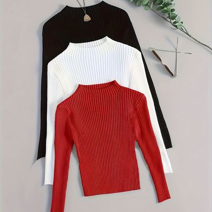 Gerippter Langarm-Pullover mit Stehkragen für Damen, einfarbig