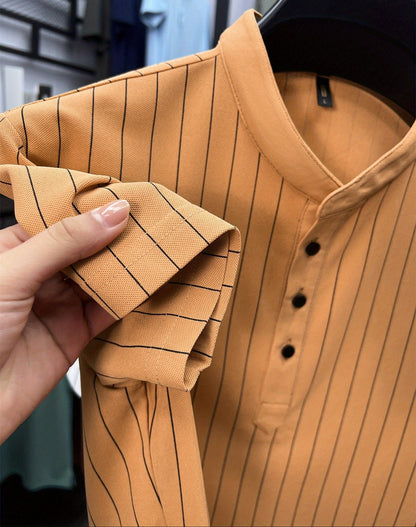 Men's Short-Sleeve Shirt with Stand-Up Collar and Pinstripes – Modern Casual and Business Design