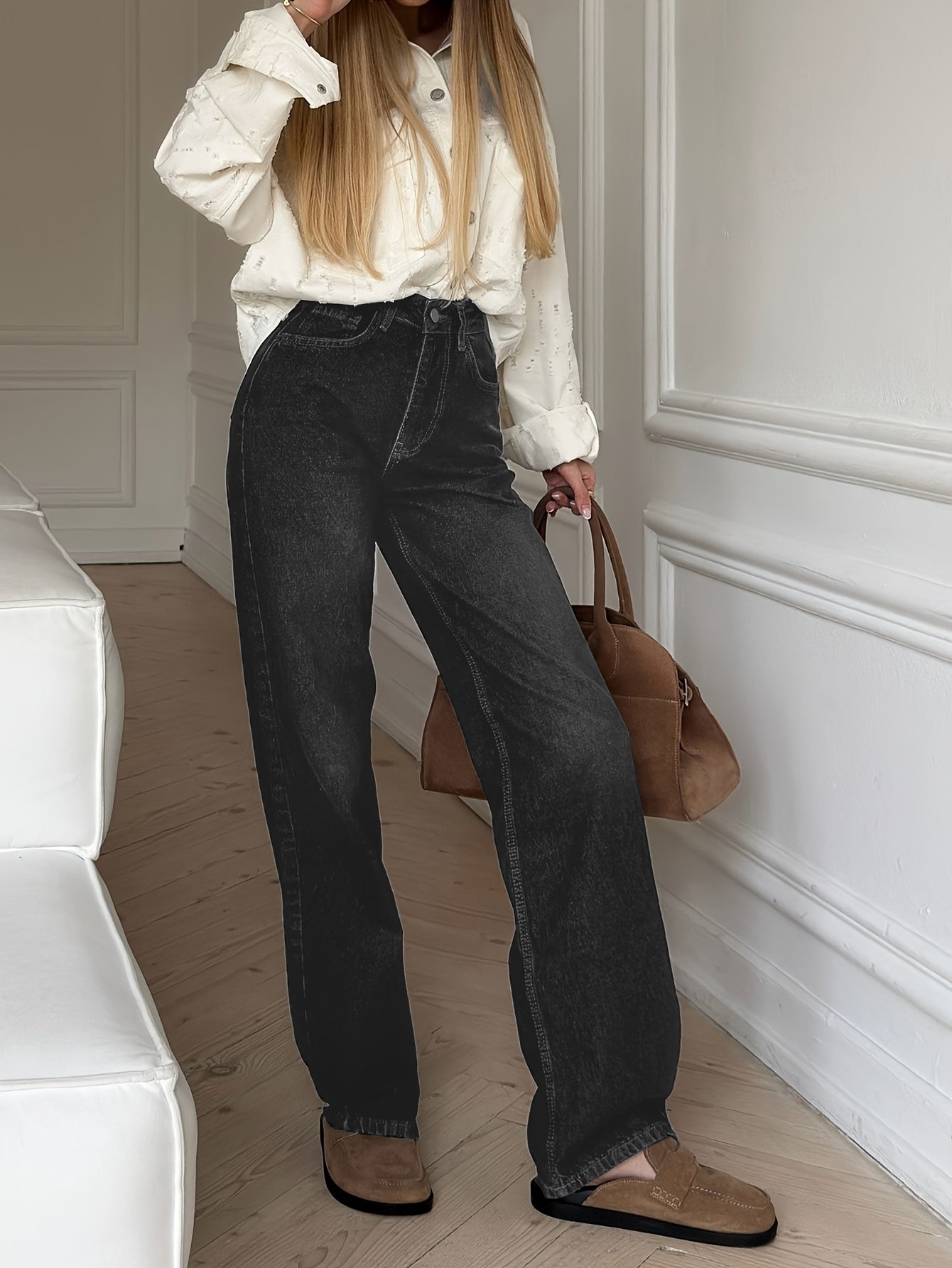 Damen Weite Jeans Hoher Bund Denim Hose Faded Optik