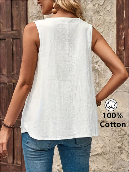Women's Casual Sleeveless Henley Top with Button Placket – Relaxed Summer Fashion