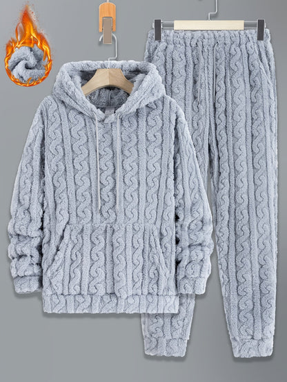 Men's cozy cable-knit tracksuit with hoodie and pants, soft & warm