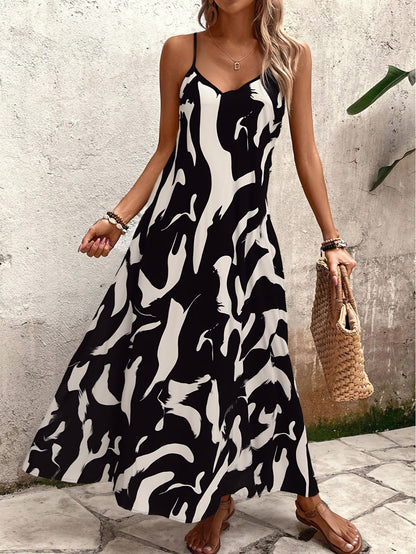 Women's sleeveless maxi dress with abstract pattern, summer boho style for casual wear and vacation