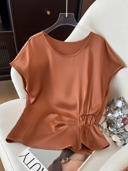 Women's blouse with ruching and round neckline – Elegant office and going-out style