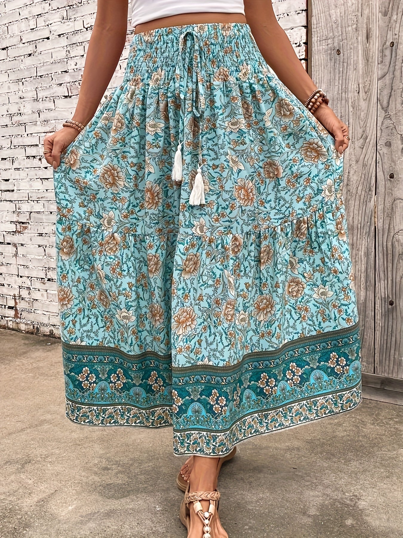 Women's Boho Maxi Skirt with Floral Pattern and Drawstring – Elegant Summer Skirt for Casual Wear and Vacation