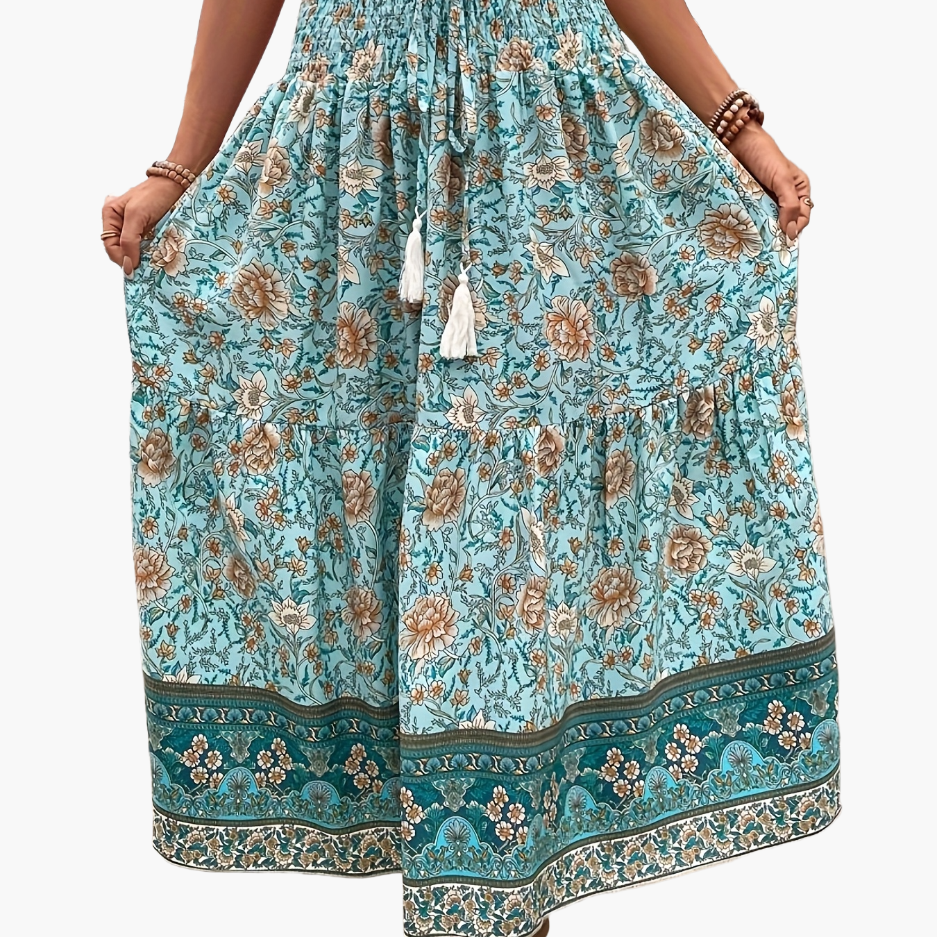 Women's Boho Maxi Skirt with Floral Pattern and Drawstring – Elegant Summer Skirt for Casual Wear and Vacation