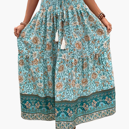 Women's Boho Maxi Skirt with Floral Pattern and Drawstring – Elegant Summer Skirt for Casual Wear and Vacation