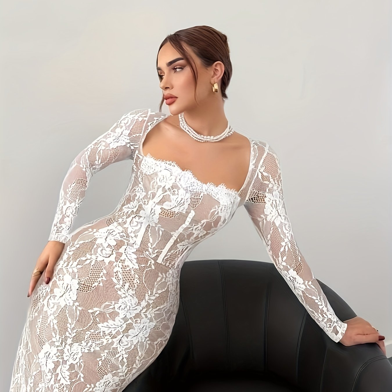 Women's Elegant Bodycon Evening Dress with Lace and Long Sleeves – Perfect for Special Occasions