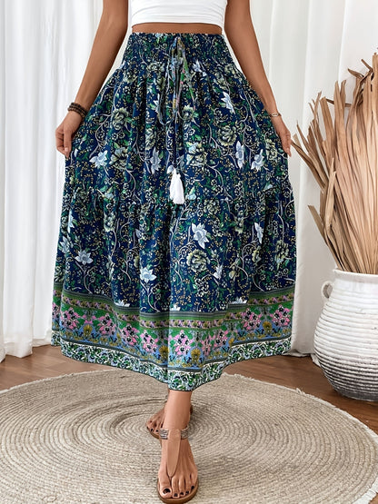 Women's Boho Maxi Skirt with Floral Pattern and Drawstring – Elegant Summer Skirt for Casual Wear and Vacation