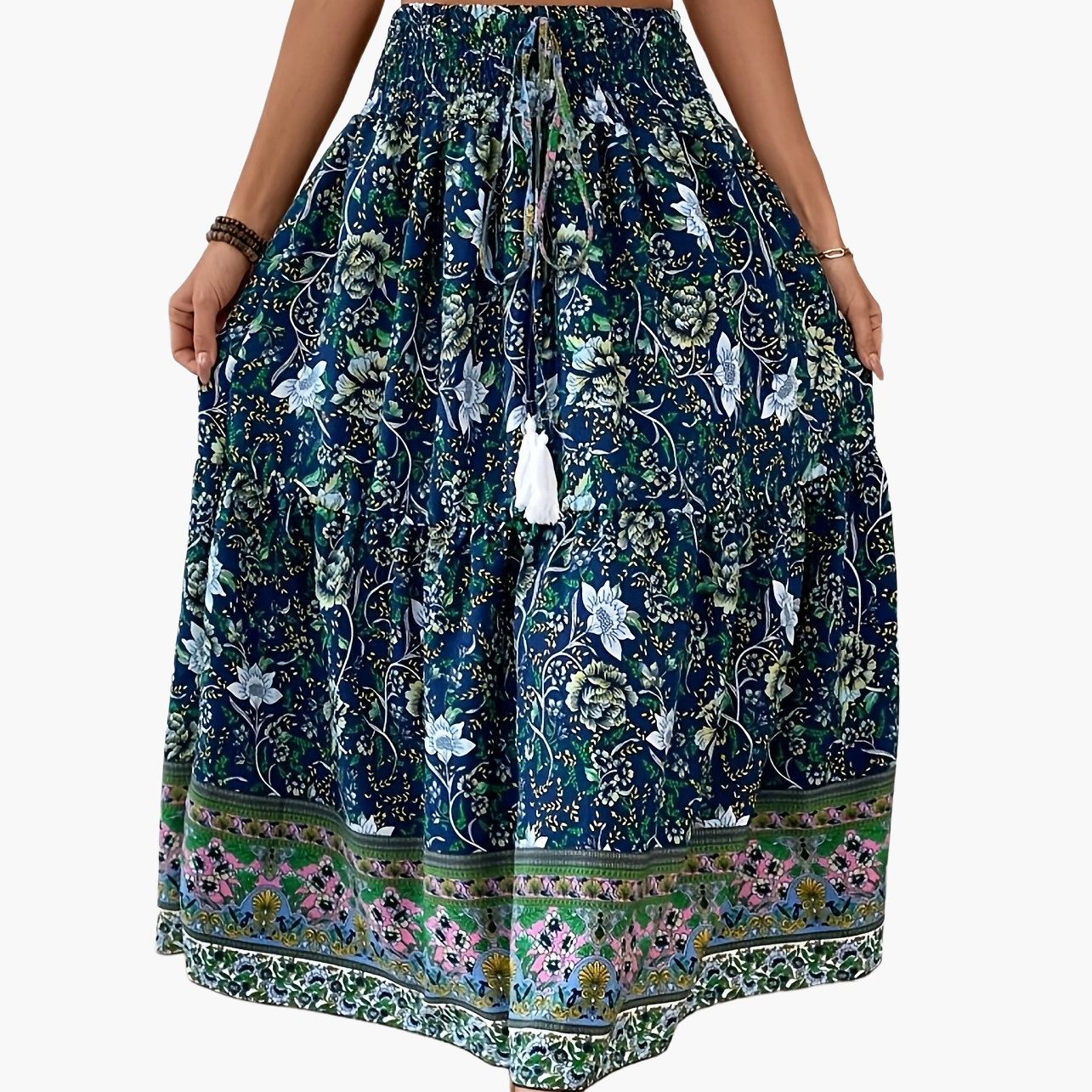 Women's Boho Maxi Skirt with Floral Pattern and Drawstring – Elegant Summer Skirt for Casual Wear and Vacation