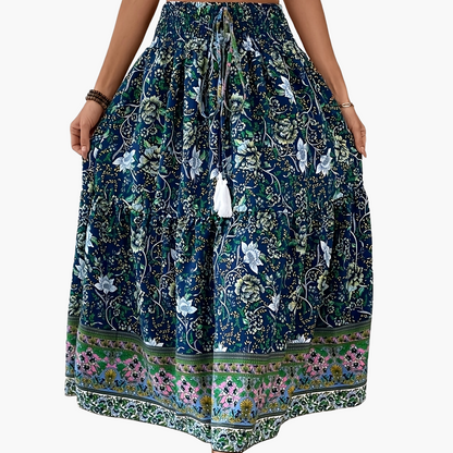 Women's Boho Maxi Skirt with Floral Pattern and Drawstring – Elegant Summer Skirt for Casual Wear and Vacation