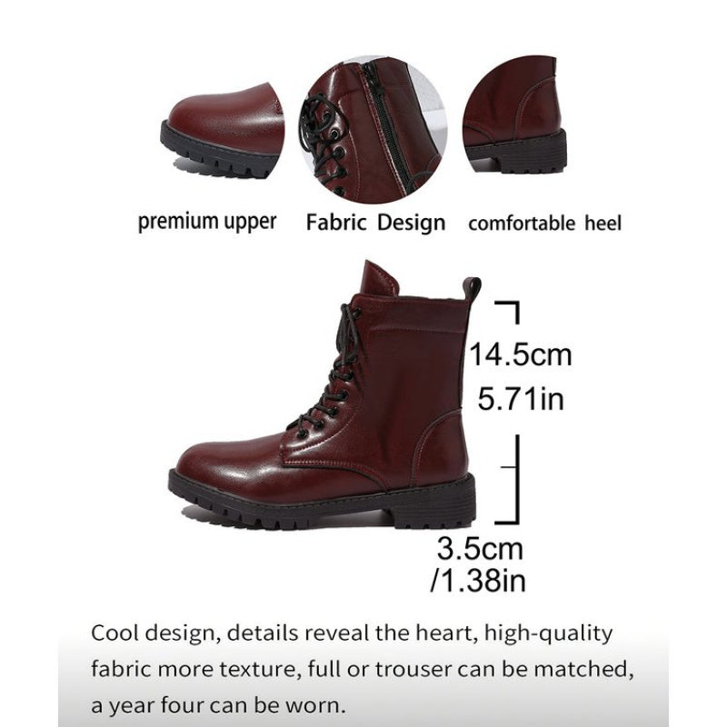 Women’s dark red worker boots with laces and a zipper