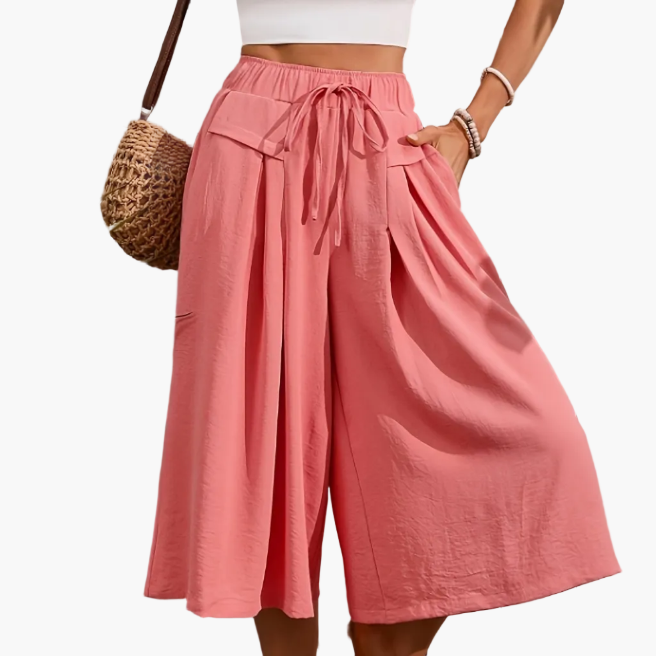 Women's Elegant Wide Summer Culotte Pants with Tie Belt – Fashionable Capri Pants for Leisure and Vacation