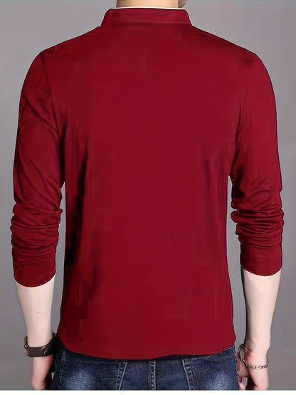 Men's long-sleeve shirt with stand-up collar and button placket