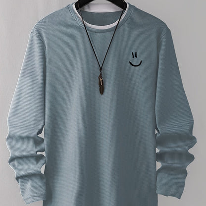 Unisex Langarmshirt Waffelstrick Smiley Print Rundhals Grau