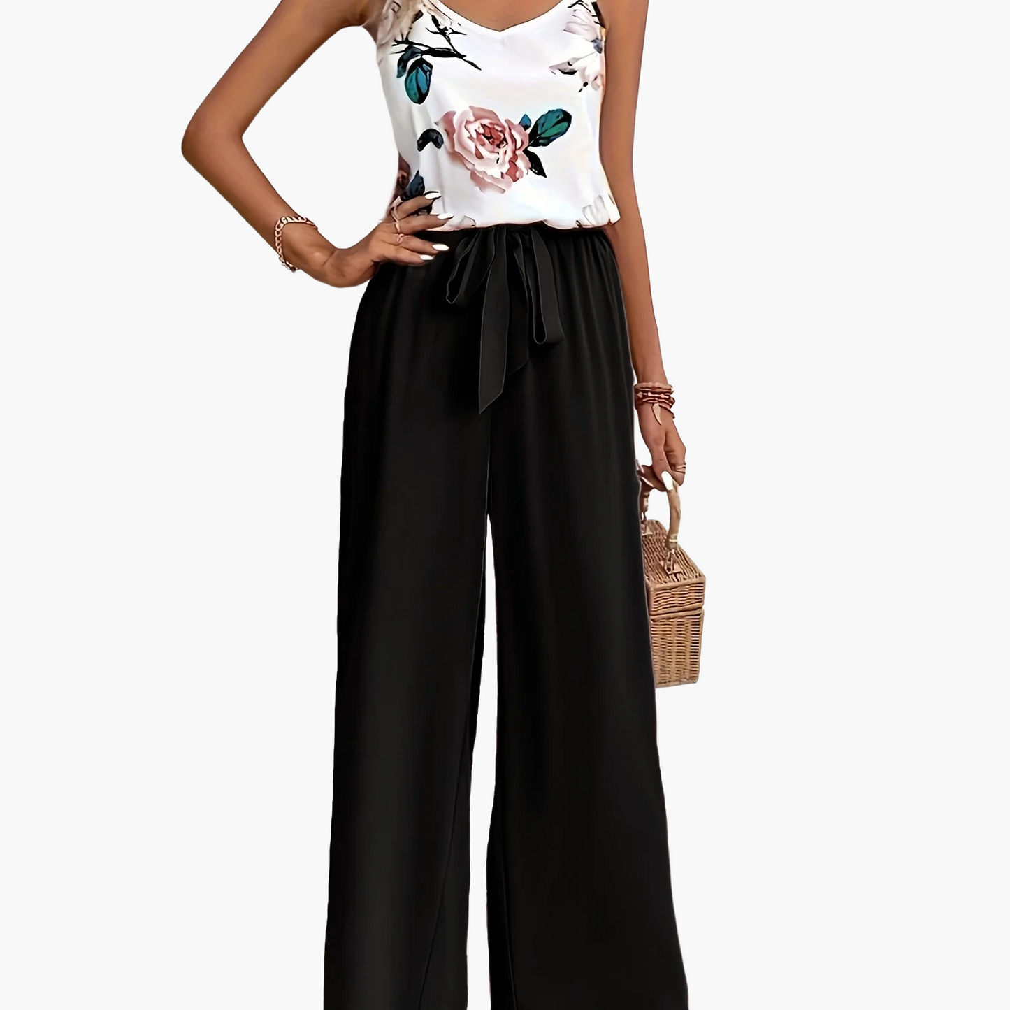 Women's Elegant Jumpsuit with Floral Pattern and Bow Detail for Spring and Summer