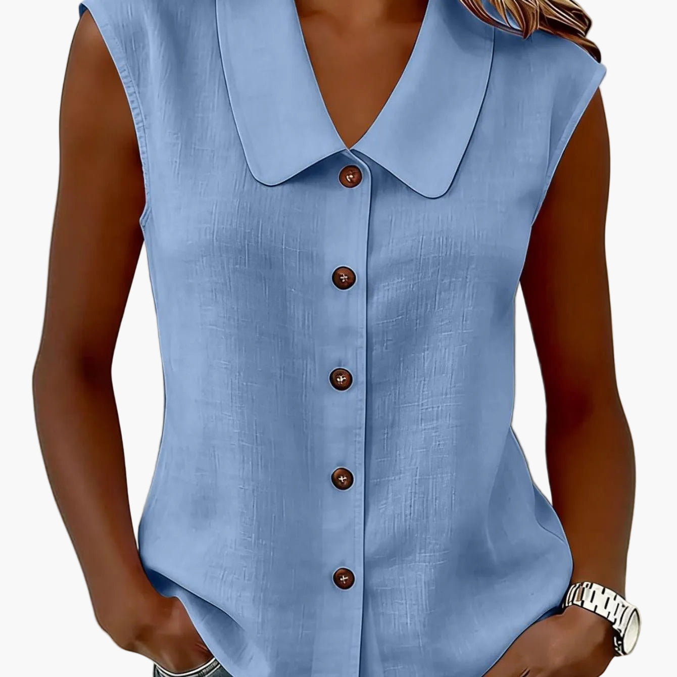 Women's sleeveless blouse with button placket and wide collar – Elegant casual wear