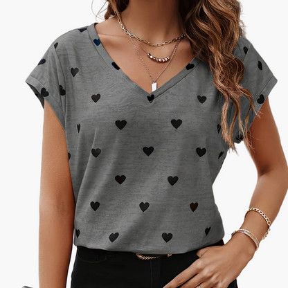 Women's T-Shirt with Heart Pattern, V-Neck, Casual and Elegant for Summer