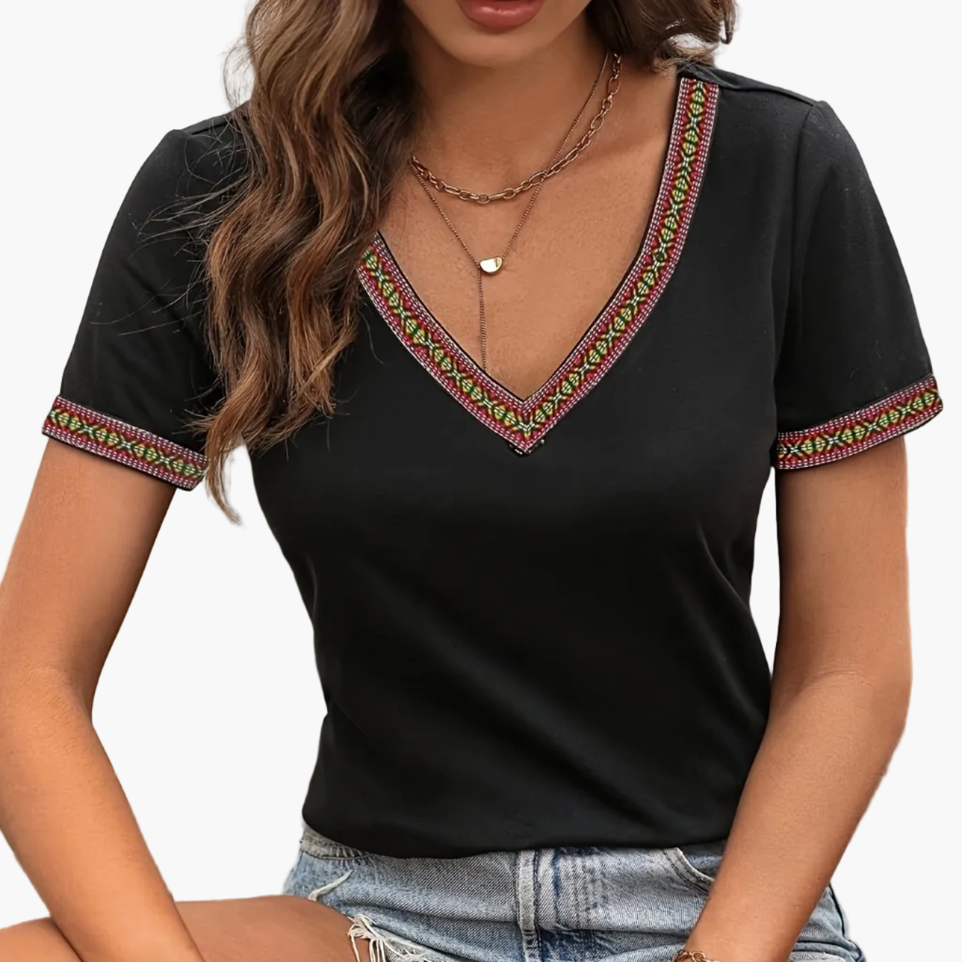 Women's T-Shirt with Ethnic Pattern V-Neck Short Sleeve – Casual Summer Style