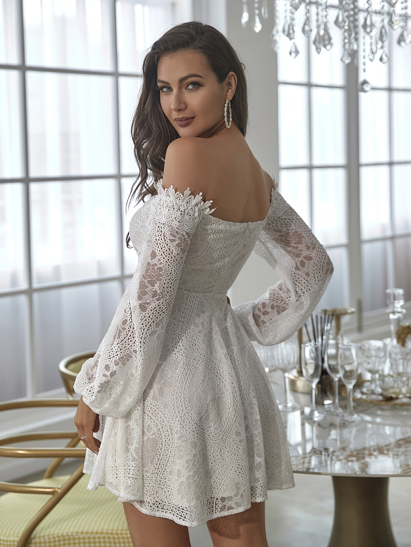 Women's Off-Shoulder Mini Dress Elegant with Lace Sleeves – Perfect for Festive Occasions or Evening Events