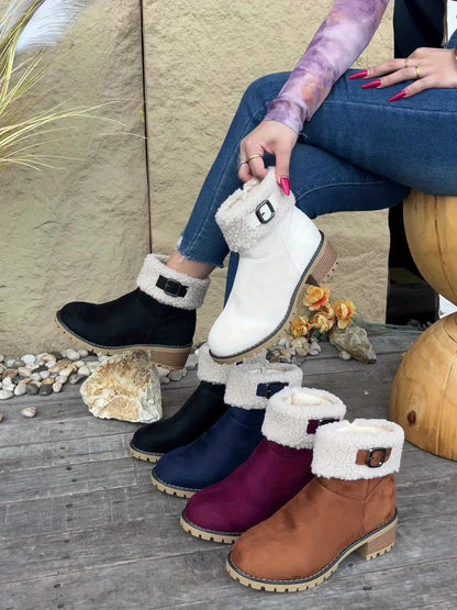 Women’s short winter boots with warm lining, buckle, and heel