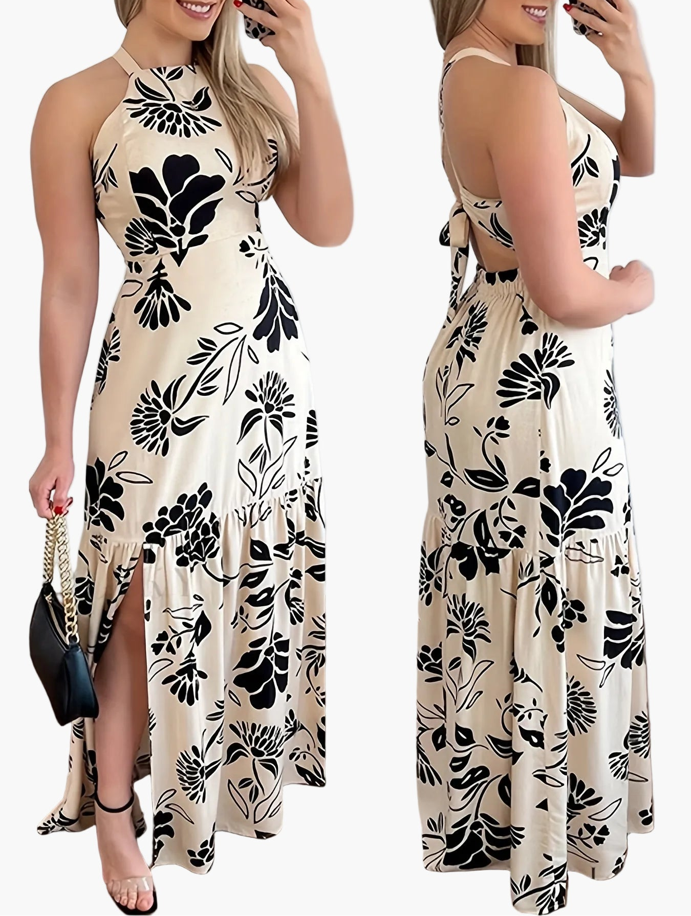 Women's Elegant Fit & Flare Maxi Dress with Floral Pattern for Vacation and Summer Parties