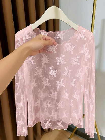Women's long-sleeve shirt with floral embroidery and transparent design – elegant and versatile lace look for special occasions