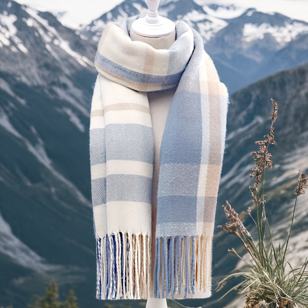 Plaid Scarf with Fringes – Soft & Warm, Pink-Gray-White
