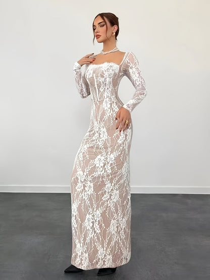 Women's Elegant Bodycon Evening Dress with Lace and Long Sleeves – Perfect for Special Occasions