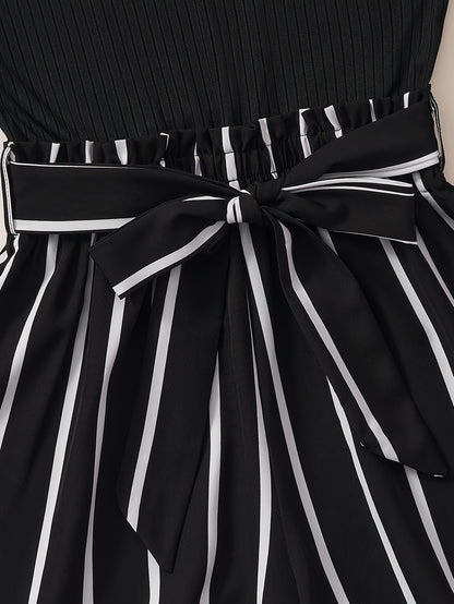 Women's Elegant Jumpsuit with Stripes and Waist Belt – Sleeveless Summer Romper for Leisure & Vacation
