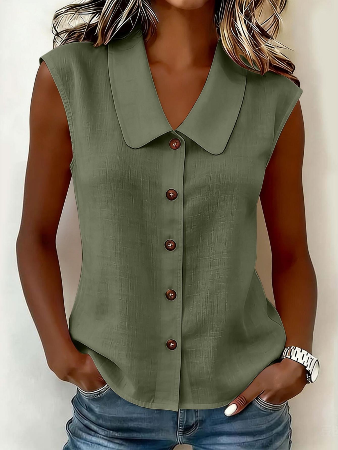 Women's sleeveless blouse with button placket and wide collar – Elegant casual wear