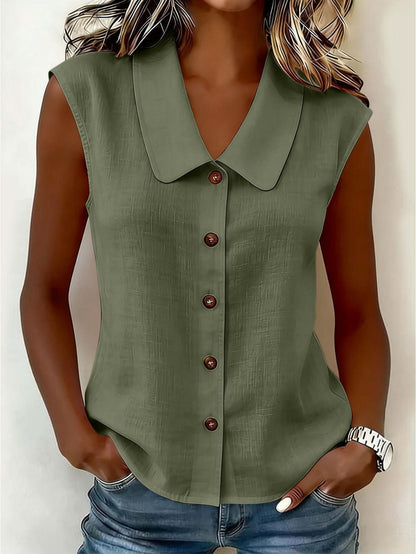 Women's sleeveless blouse with button placket and wide collar – Elegant casual wear