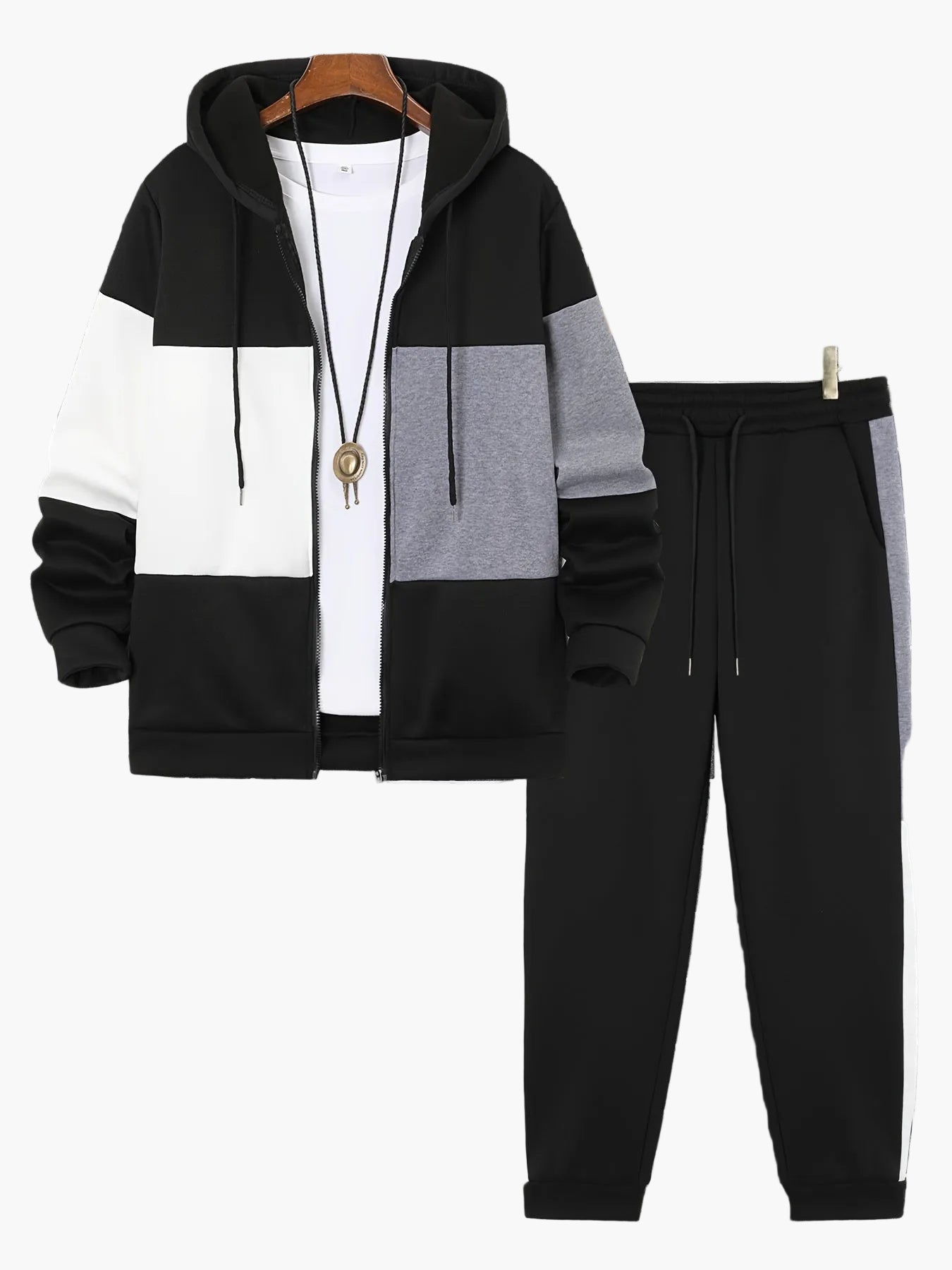 Herren Freizeit Trainingsanzug mit Kapuze – Sportlicher Patchwork-Look für Alltag und Fitness