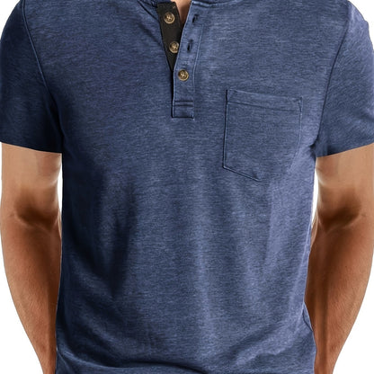 Herren Henley T-Shirt Kurzarm Casual Freizeitshirt mit Knopfleiste und Brusttasche