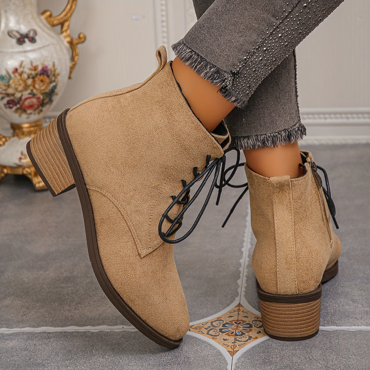 Women's lace-up ankle boots with block heels and a zipper