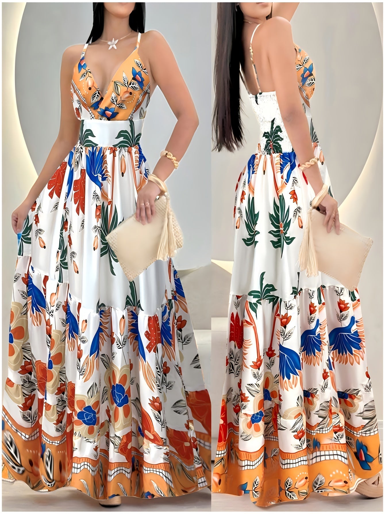 Women's Boho Maxi Dress with Tropical Pattern and Deep V-Neck – Elegant Summer Dress for Beach, Vacation & Parties