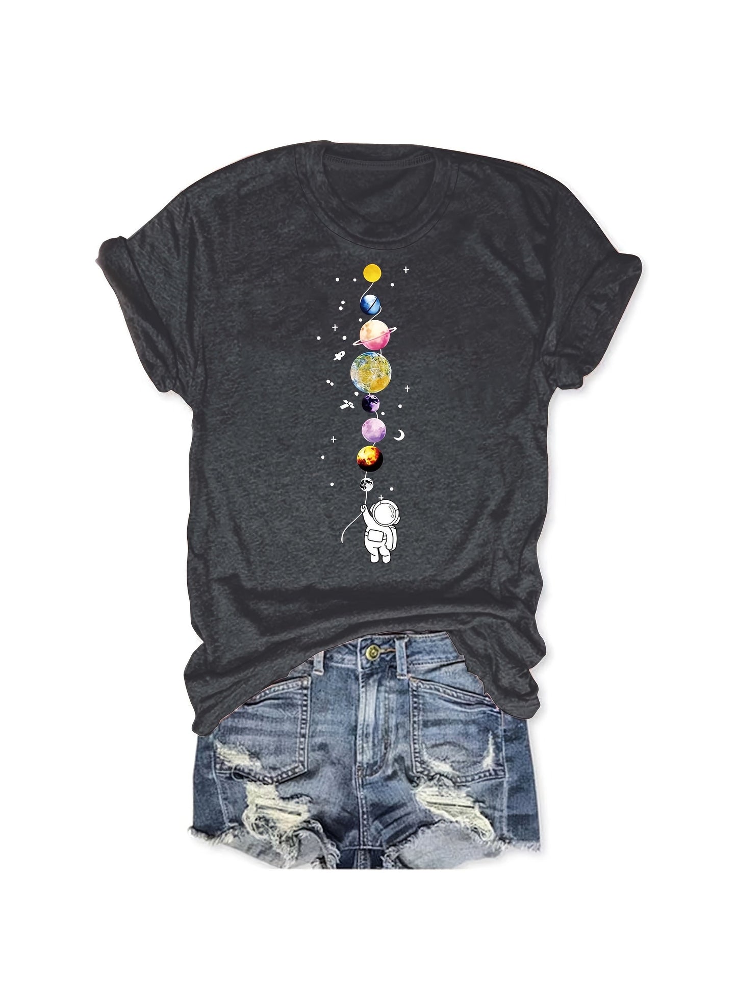 Women's T-Shirt with Astronaut and Planets – Casual Style for Everyday and Leisure – Galaxy & Space Design