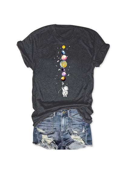 Women's T-Shirt with Astronaut and Planets – Casual Style for Everyday and Leisure – Galaxy & Space Design