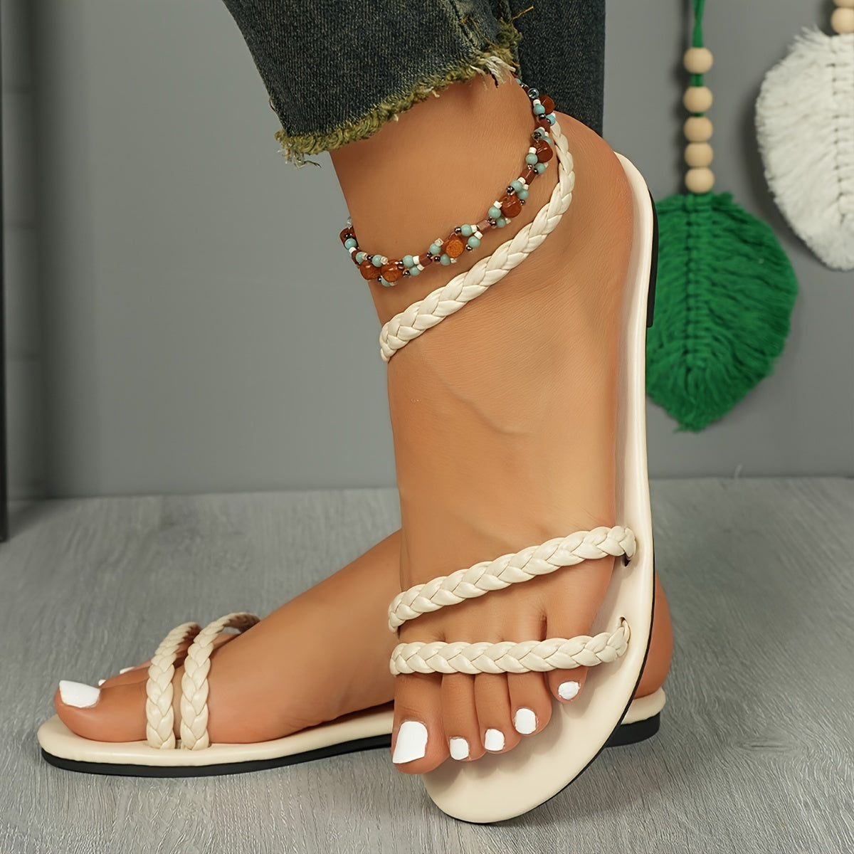 Women's Summer Sandals with Braided Straps – Flat, Open Toe Sandals for Leisure and Vacation
