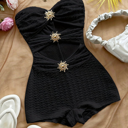 Women's Retro-Style Swimsuit with Leopard Print and Cut-Out Design – Fashionable Bandeau Swimsuit for Summer