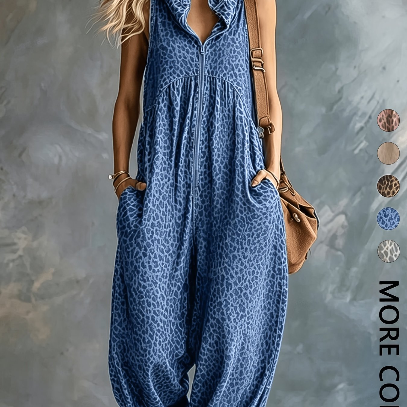Damen Jumpsuit ärmellos mit Kapuze Animal-Print lockere Passform