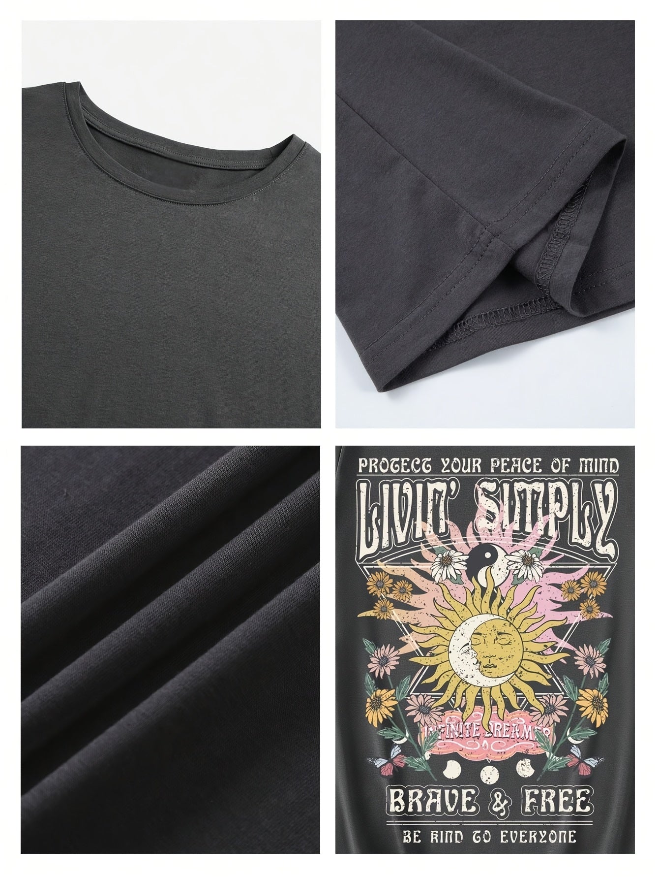 Women's T-Shirt Boho Living Simply Brave & Free with Sun Design and Inspirational Quote – Casual Summer Top