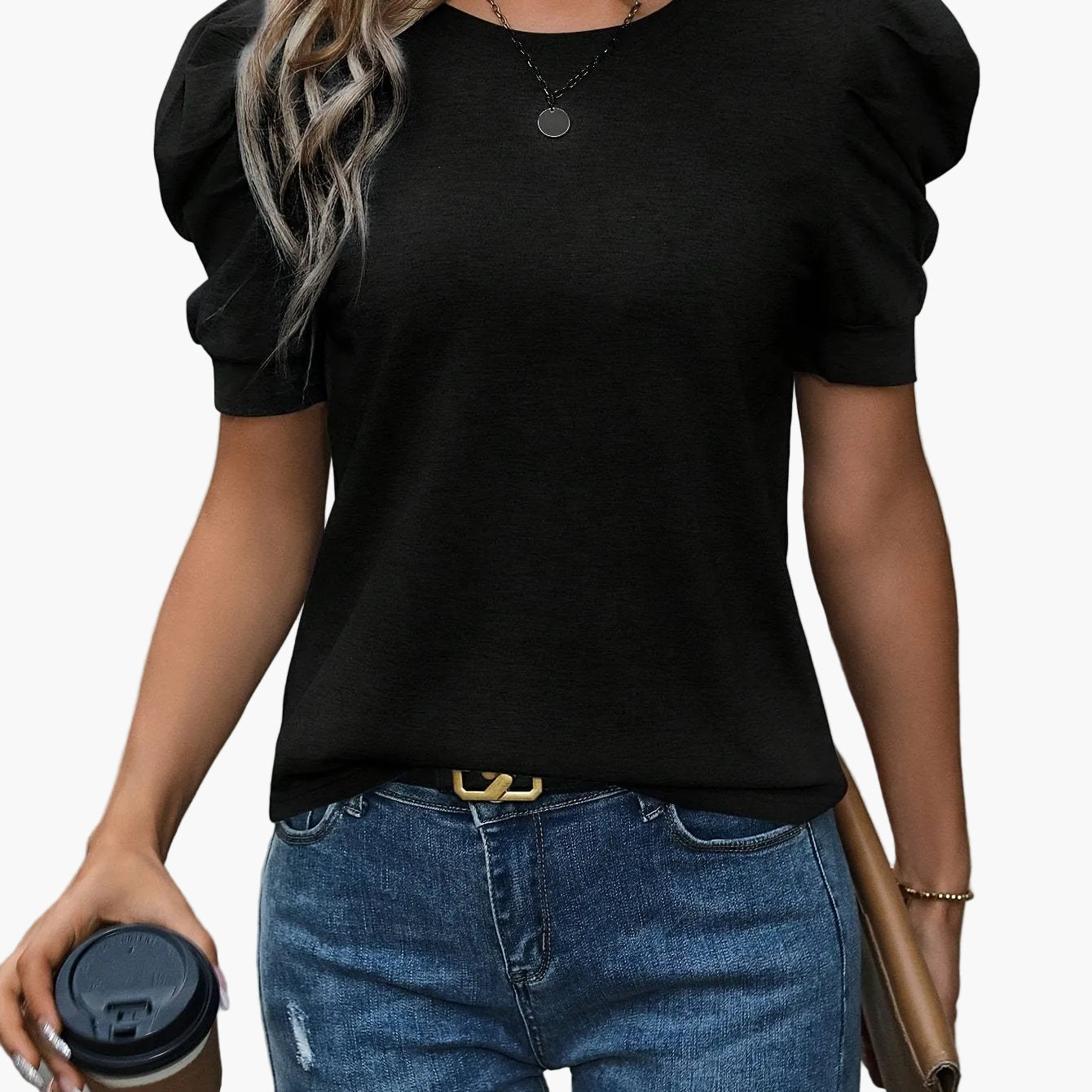 Women's Elegant T-Shirt with Puff Sleeves and Round Neckline – Perfect for Everyday and Office Wear