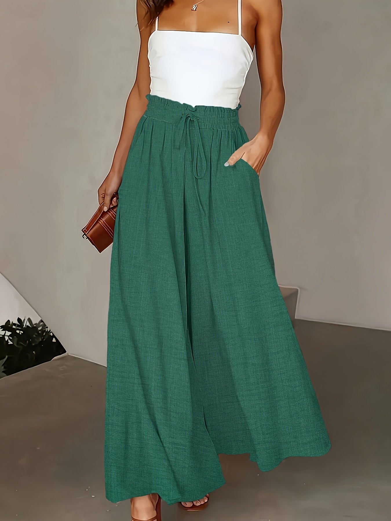 Women's Elegant Wide High Waist Palazzo Pants with Pockets – Perfect for Office & Leisure