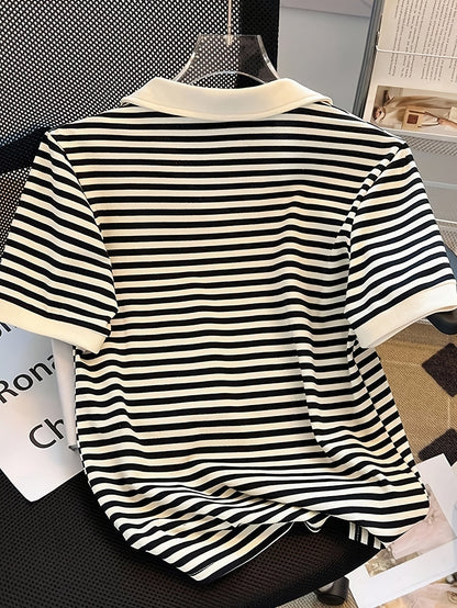 Women's polo shirt with stripes and V-neck – smart-casual style for leisure and office