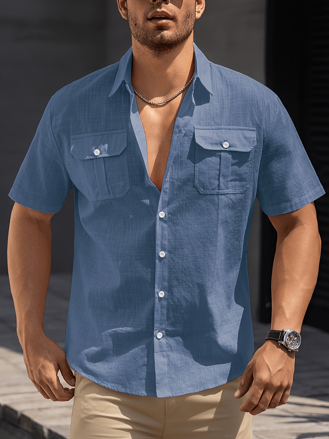 Men's Casual Short-Sleeve Shirt with Chest Pockets – Summer Regular Fit for Casual Occasions