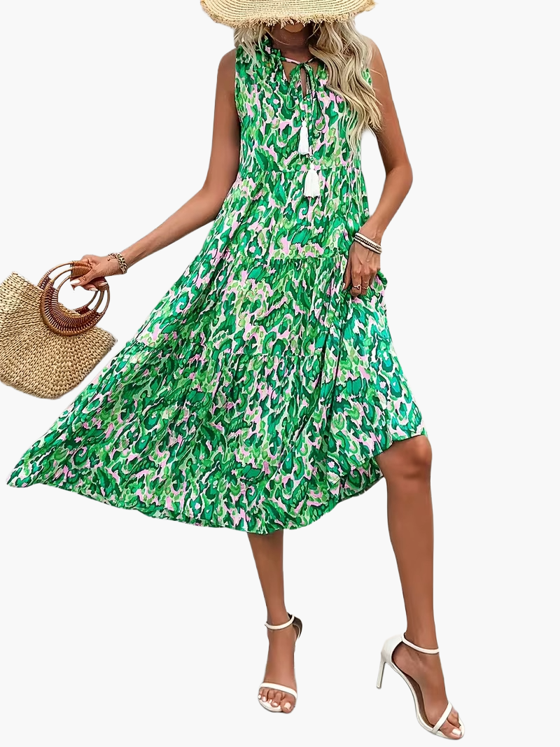 Women's Summer Dress Elegant Sleeveless with Allover Print and Tassels for Leisure and Vacation