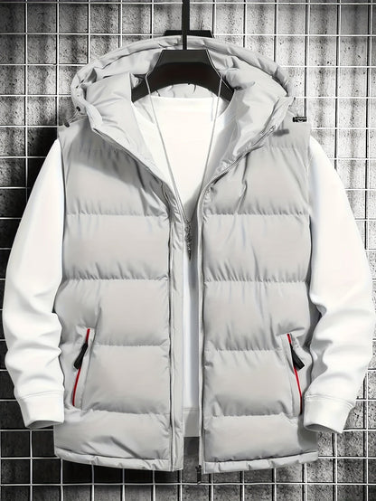 Men's quilted vest with hood, zipper & pockets, padded, black
