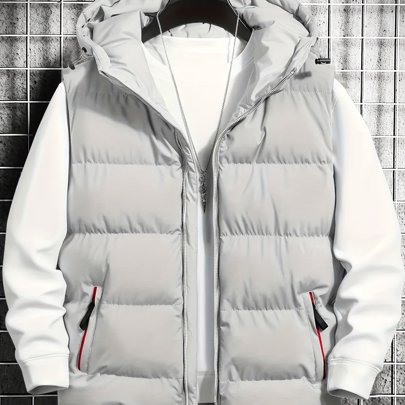 Men's quilted vest with hood, zipper & pockets, padded, black