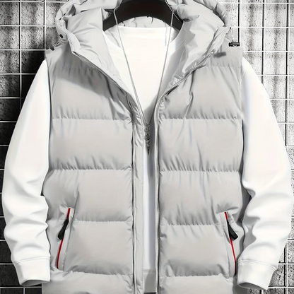 Men's quilted vest with hood, zipper & pockets, padded, black