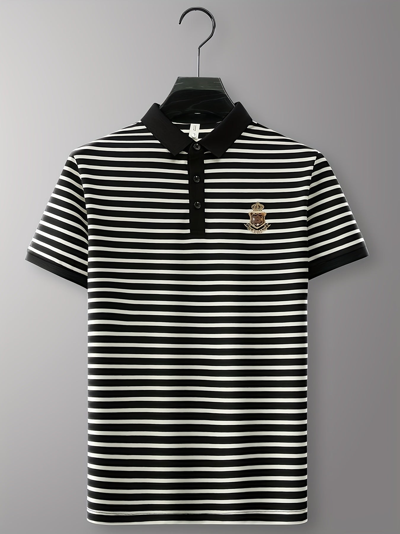 Men's Polo Shirt with Stripe Pattern and Chest Emblem – Classic, Short Sleeve, Smart-Casual for Leisure and Office